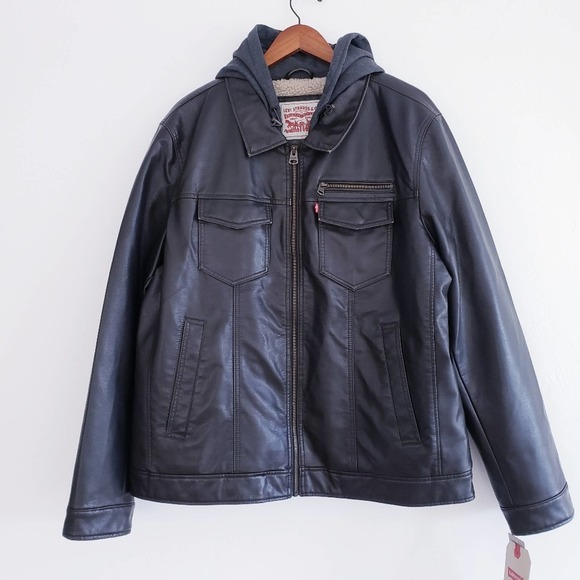 Levi's Other - Levi's Men's Brown Faux Leather Bomber Jacket Faux Sherpa Lined Hooded XL